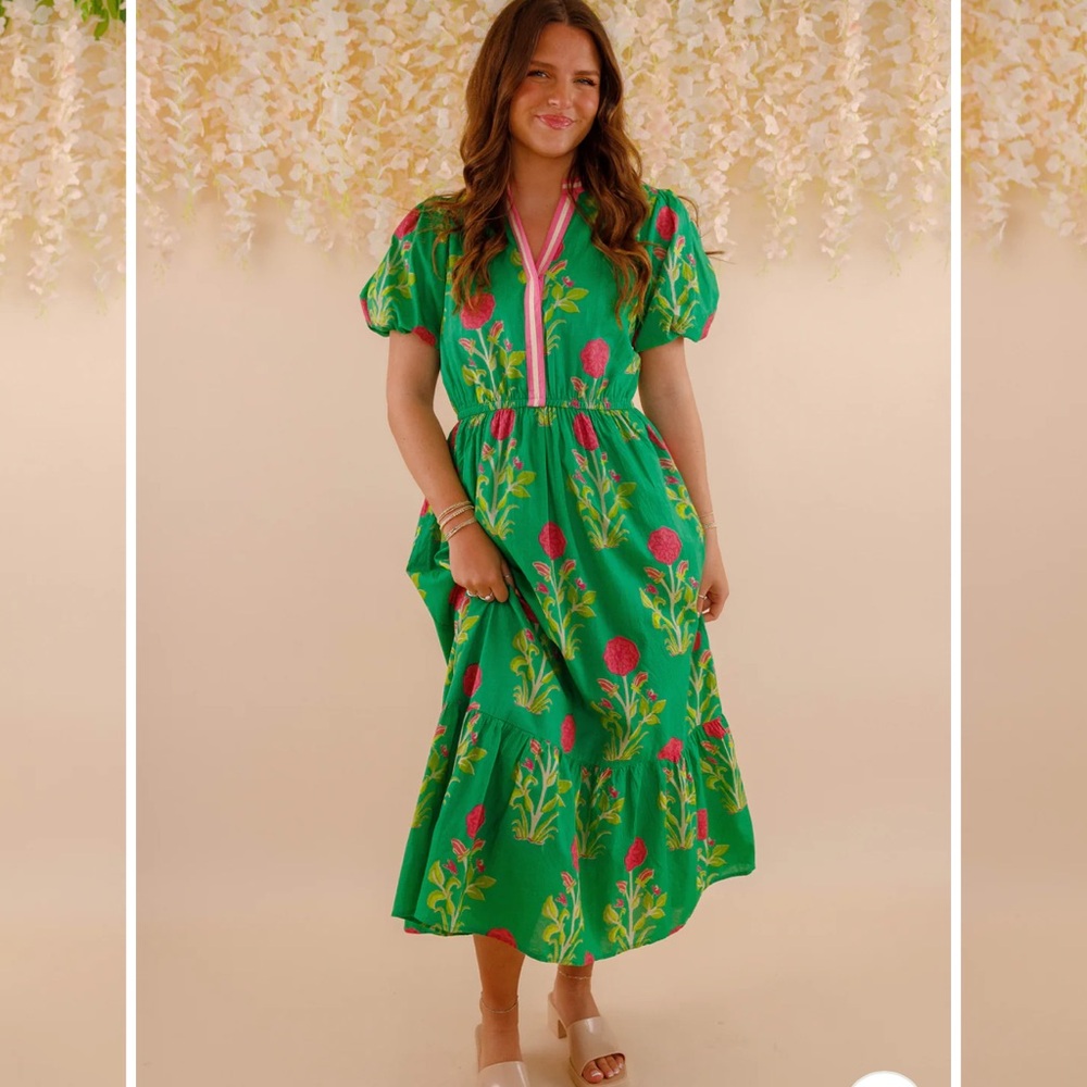 NWT THML Green Floral Midi Dress with Pink Accents